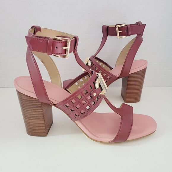 8.5 Women's MK MICHAEL KORS Burgundy Wine Ankle Strappy Block Heel Sandals - Picture 2 of 14